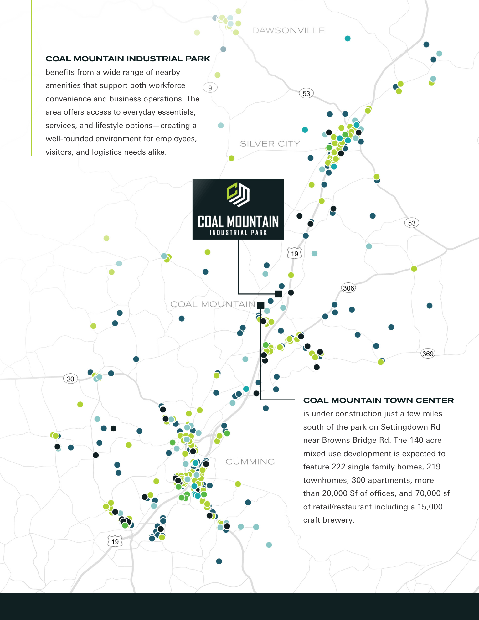 Regional amenity map showing restaurants, retail, hotels, and wellness options near Coal Mountain Industrial Park