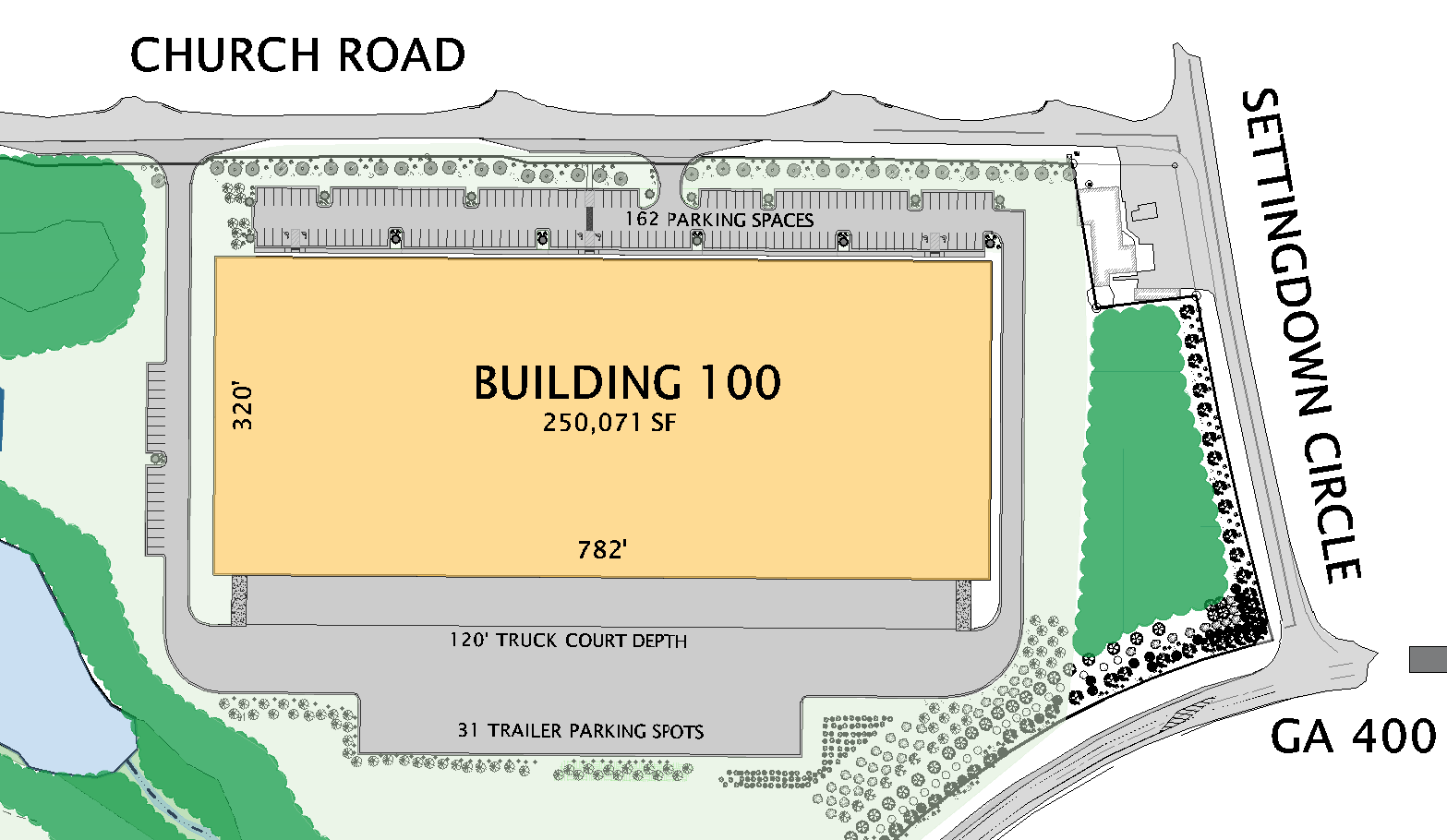 Building 100 site plan — 4670 Church Road, Cumming GA — 250,071 SF Class-A industrial space at Coal Mountain Industrial Park