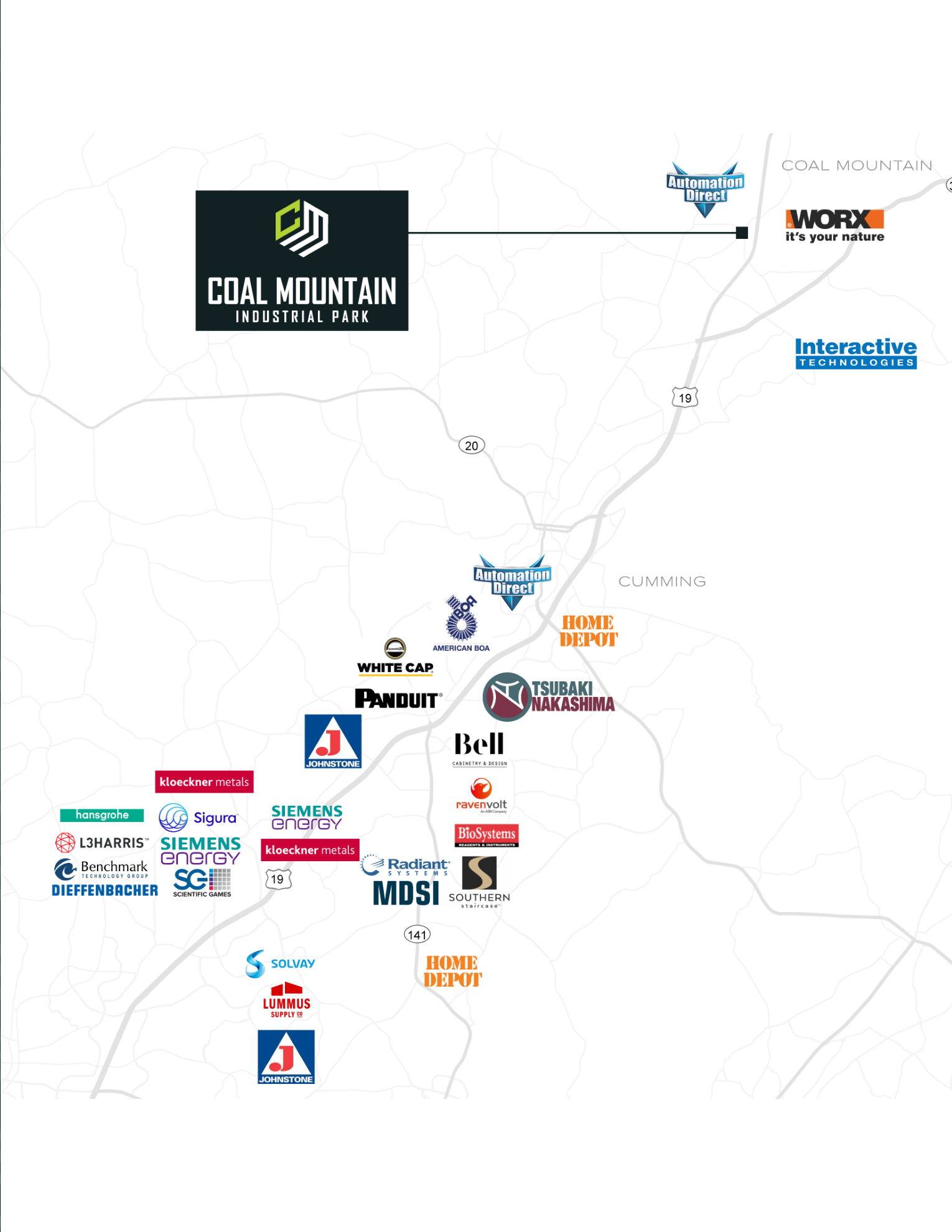 Map of major employers near Coal Mountain Industrial Park — Tyson Foods, Koch Foods, Panduit, Northside Hospital Forsyth, Sawnee EMC, and other operations along the GA-400 corridor in Forsyth County, Georgia