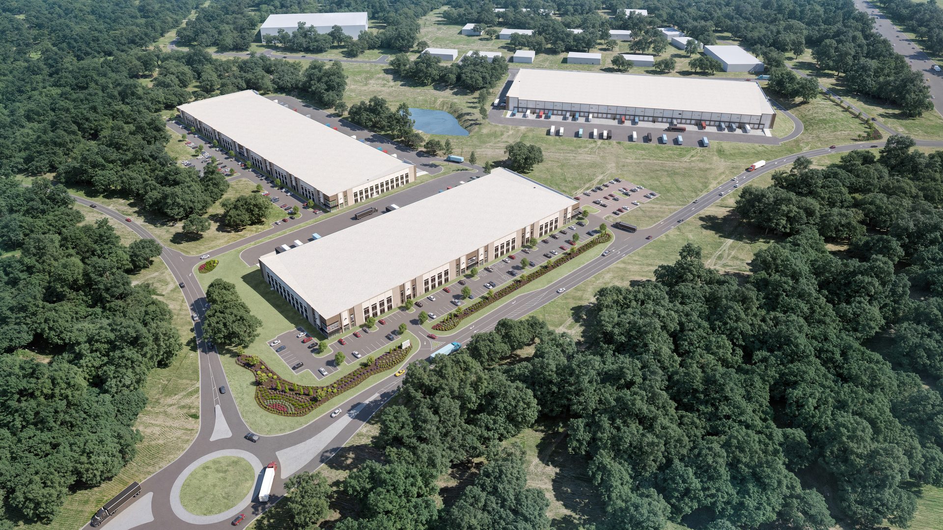 Aerial rendering of Coal Mountain Industrial Park — three Class-A industrial buildings on 56 acres along GA-400 in Forsyth County, Georgia